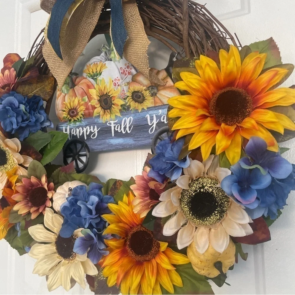Handmade fall sunflower wreath sign says happy fall y’all 24”